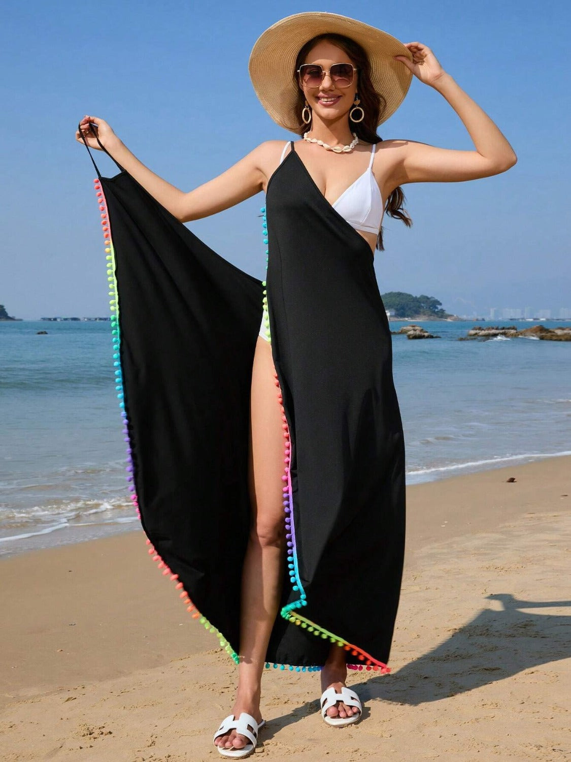 Rainbow Pompom Trim Cover-Up