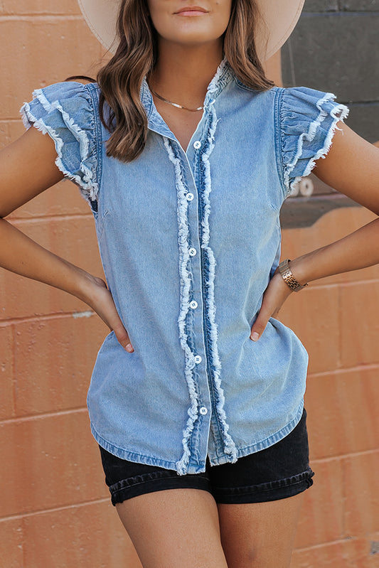 Raw Hem Button Up Denim Top