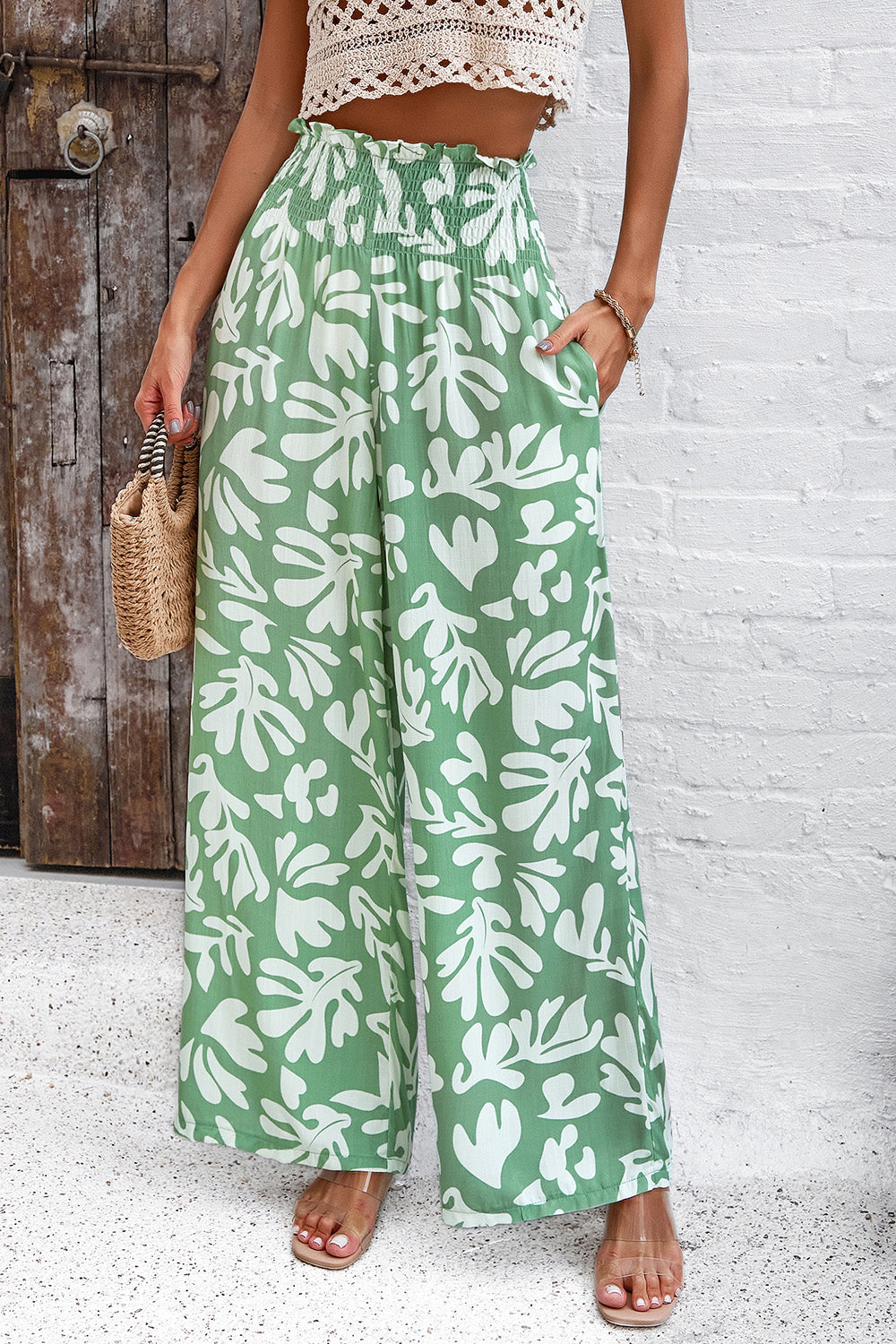 Asymetrical Printed Wide Leg Pants with Pockets - Elegant Aura Boutique