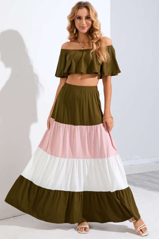 Off-Shoulder Color Block Tiered Skirt Set - Elegant Aura Boutique