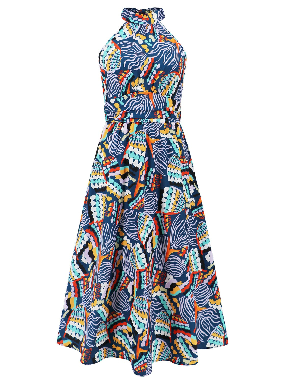 Ruched Printed Halter Neck Sleeveless Dress - Elegant Aura Boutique