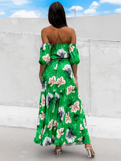 Pleated Floral Off-Shoulder Short Sleeve Midi Dress - Elegant Aura Boutique