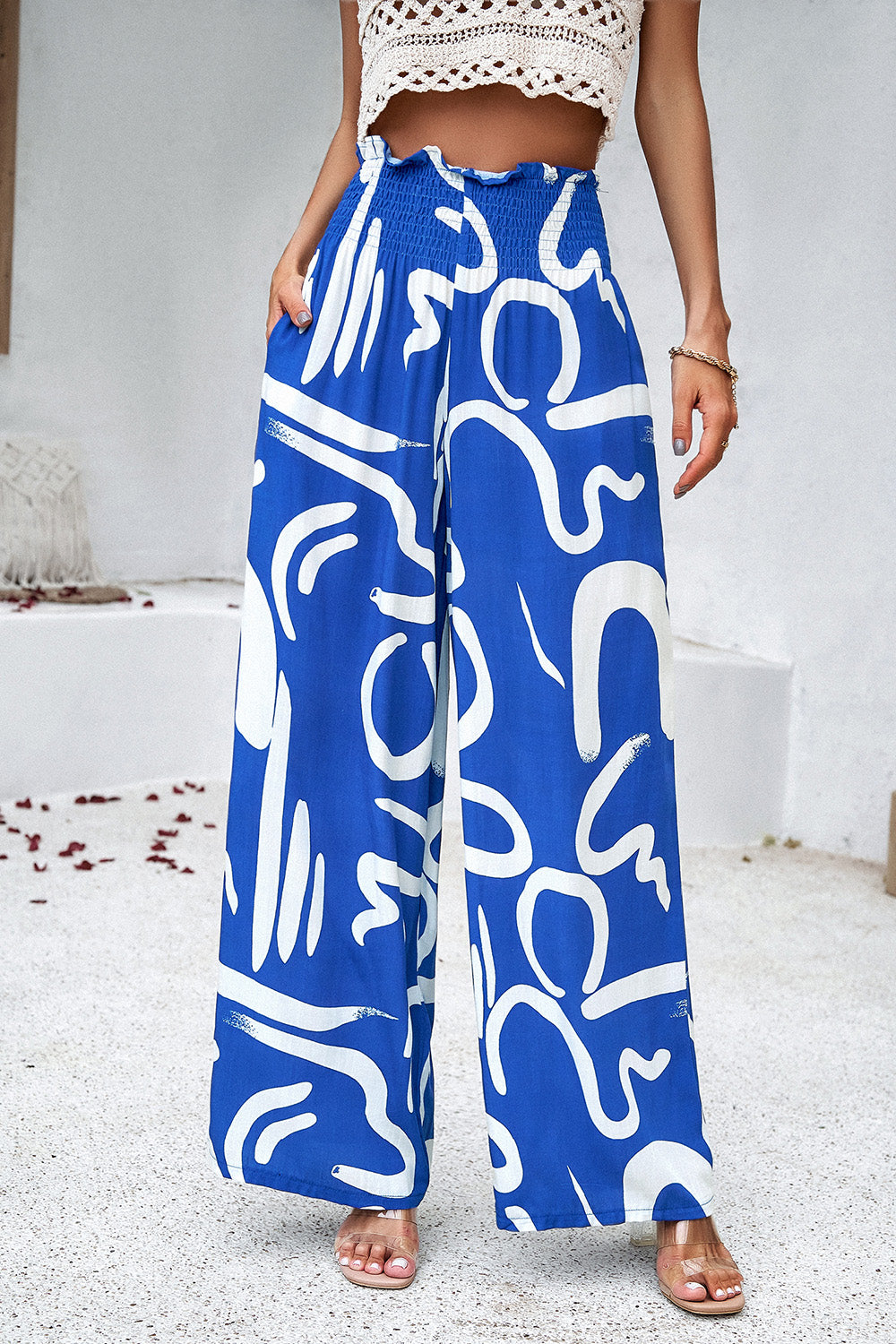 Asymetrical Printed Wide Leg Pants with Pockets - Elegant Aura Boutique