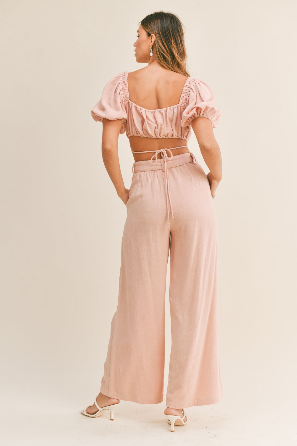 Cut Out Drawstring Crop Top and Belted Pants Set - Elegant Aura Boutique