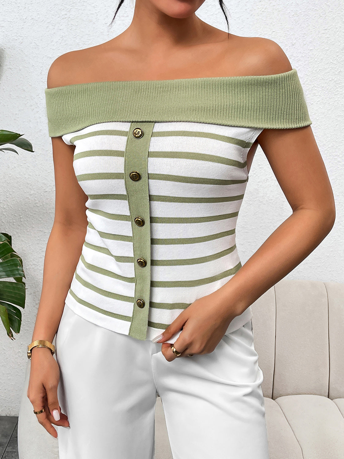 Decorative Striped Off-Shoulder Knit Top