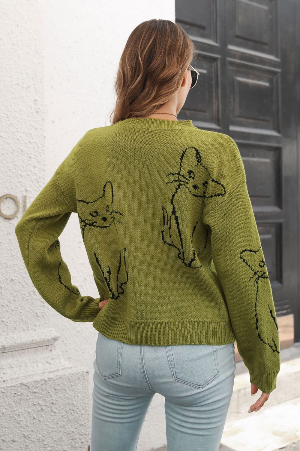 Cat Pattern Round Neck Sweater