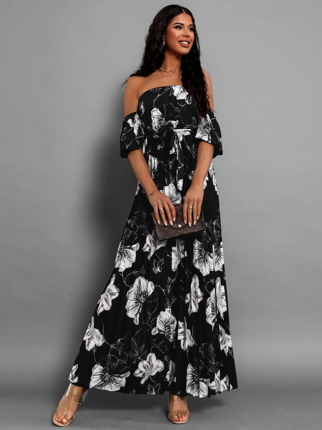 Pleated Floral Off-Shoulder Short Sleeve Midi Dress - Elegant Aura Boutique