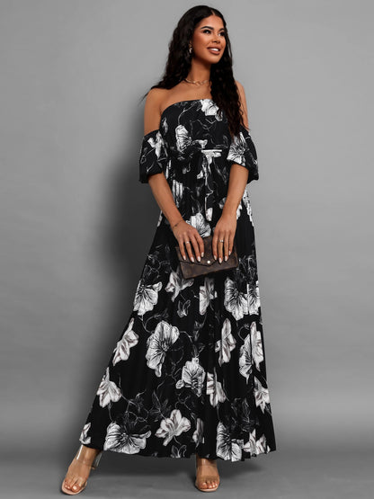 Pleated Floral Off-Shoulder Short Sleeve Midi Dress - Elegant Aura Boutique