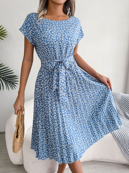 Floral Pleated Belted Dress