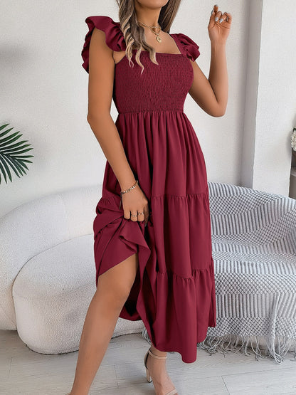 Smocked Square Neck Cap Sleeve Midi Dress - Elegant Aura Boutique