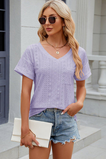 Eyelet V-Neck Short Sleeve Blouse