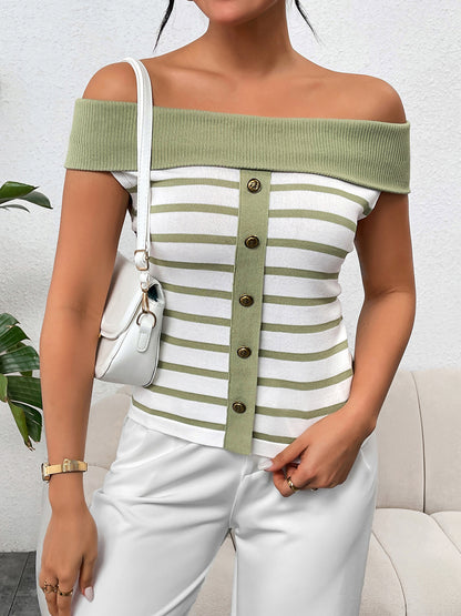 Decorative Striped Off-Shoulder Knit Top