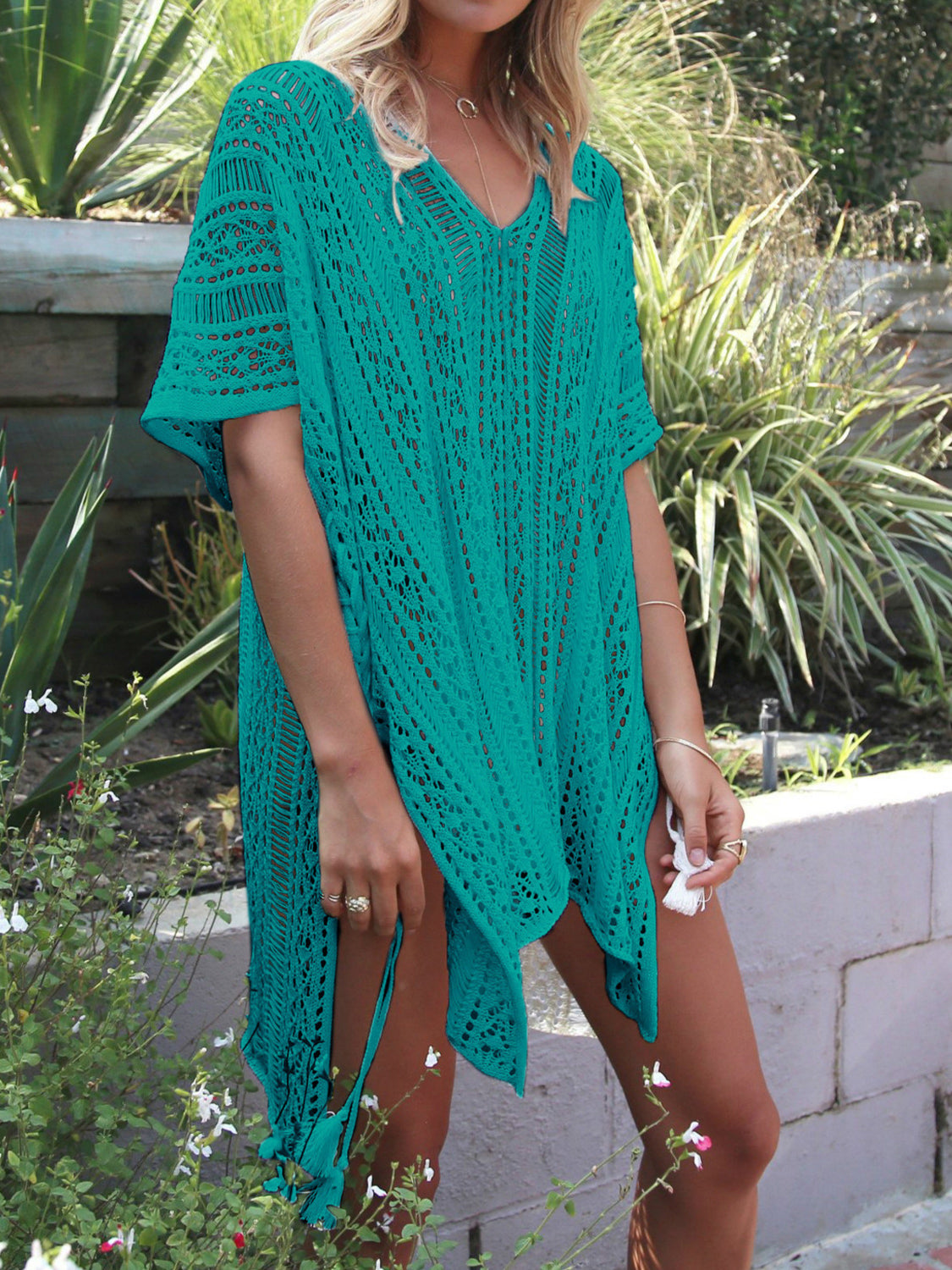 Cutout V-Neck Cover-Up with Tassel - Elegant Aura Boutique