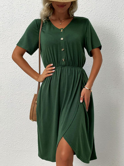 V-Neck Short Sleeve Slit Dress