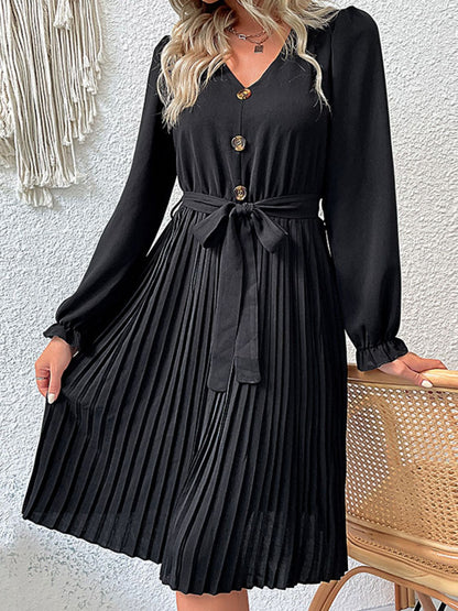 Decorative Button Pleated Dress