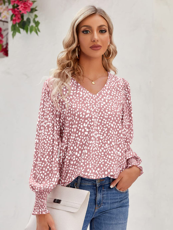 Stylish Printed V-Neck Lantern Sleeve Blouse