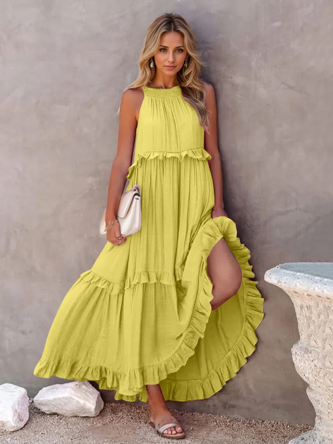 Ruffled Sleeveless Tiered Maxi Dress with Pockets - Elegant Aura Boutique