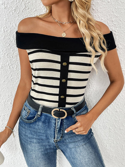 Decorative Striped Off-Shoulder Knit Top