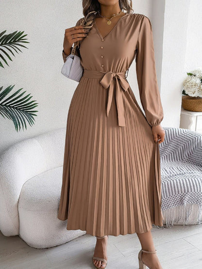 Pleated V-Neck Long Sleeve Dress