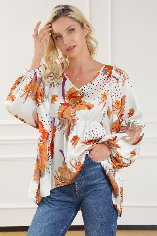 Printed V-Neck Balloon Sleeve Blouse