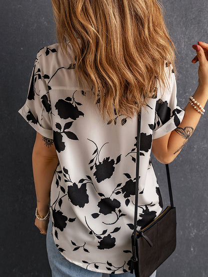 Printed Notched Short Sleeve Blouse