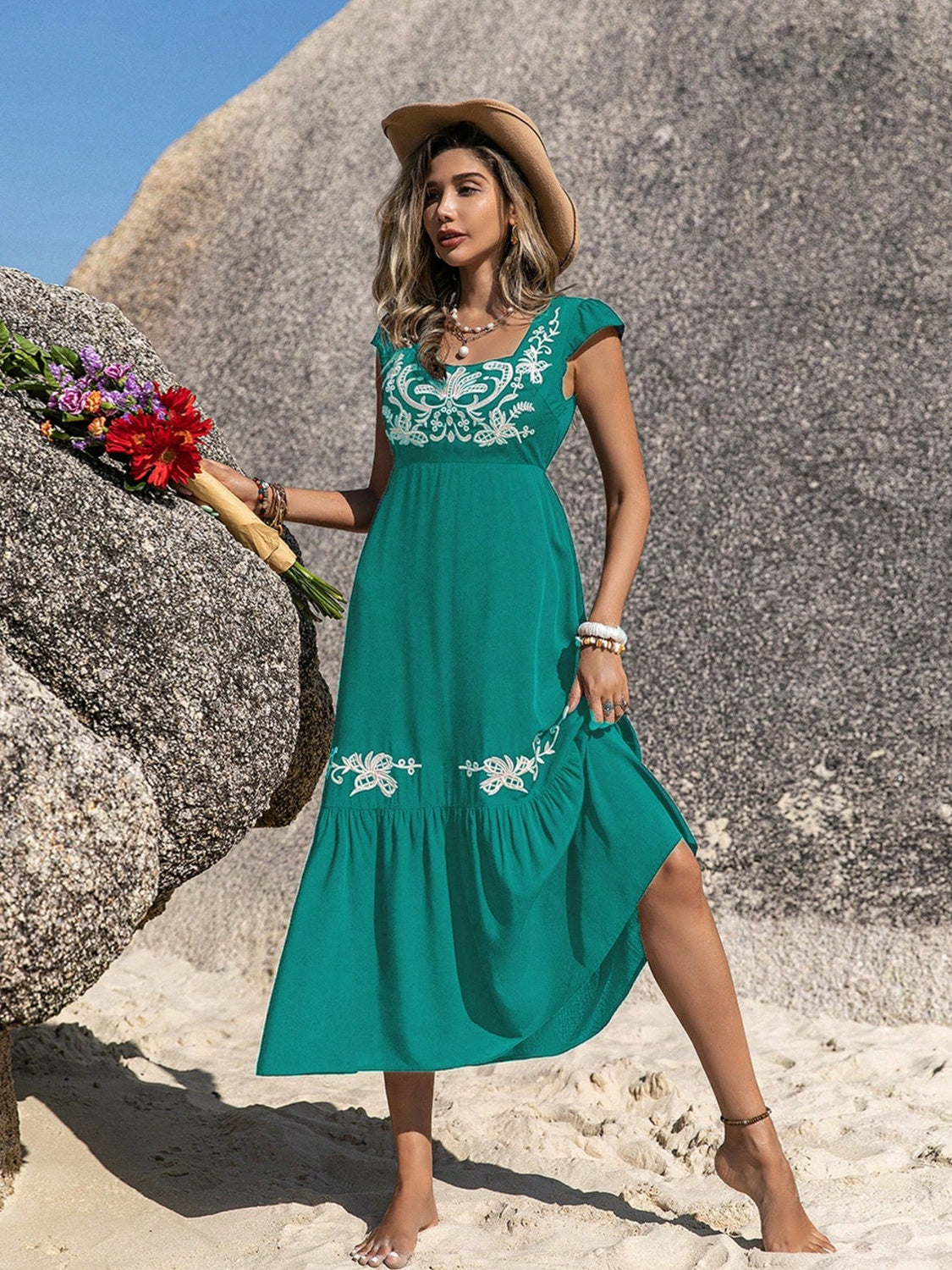 Embroidered Square Neck Dress