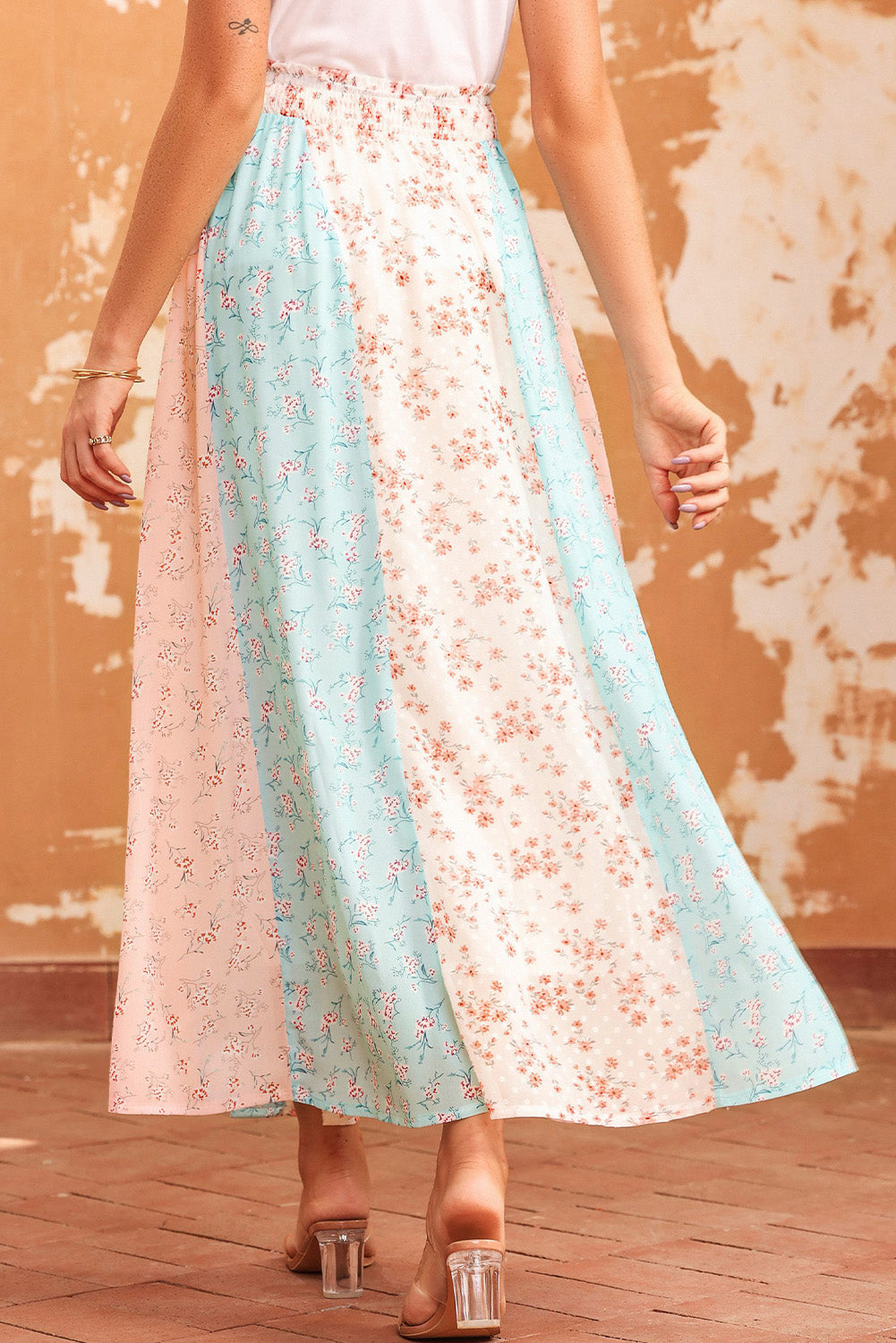 Floral Color Block Smocked Waist Maxi Skirt - Elegant Aura Boutique