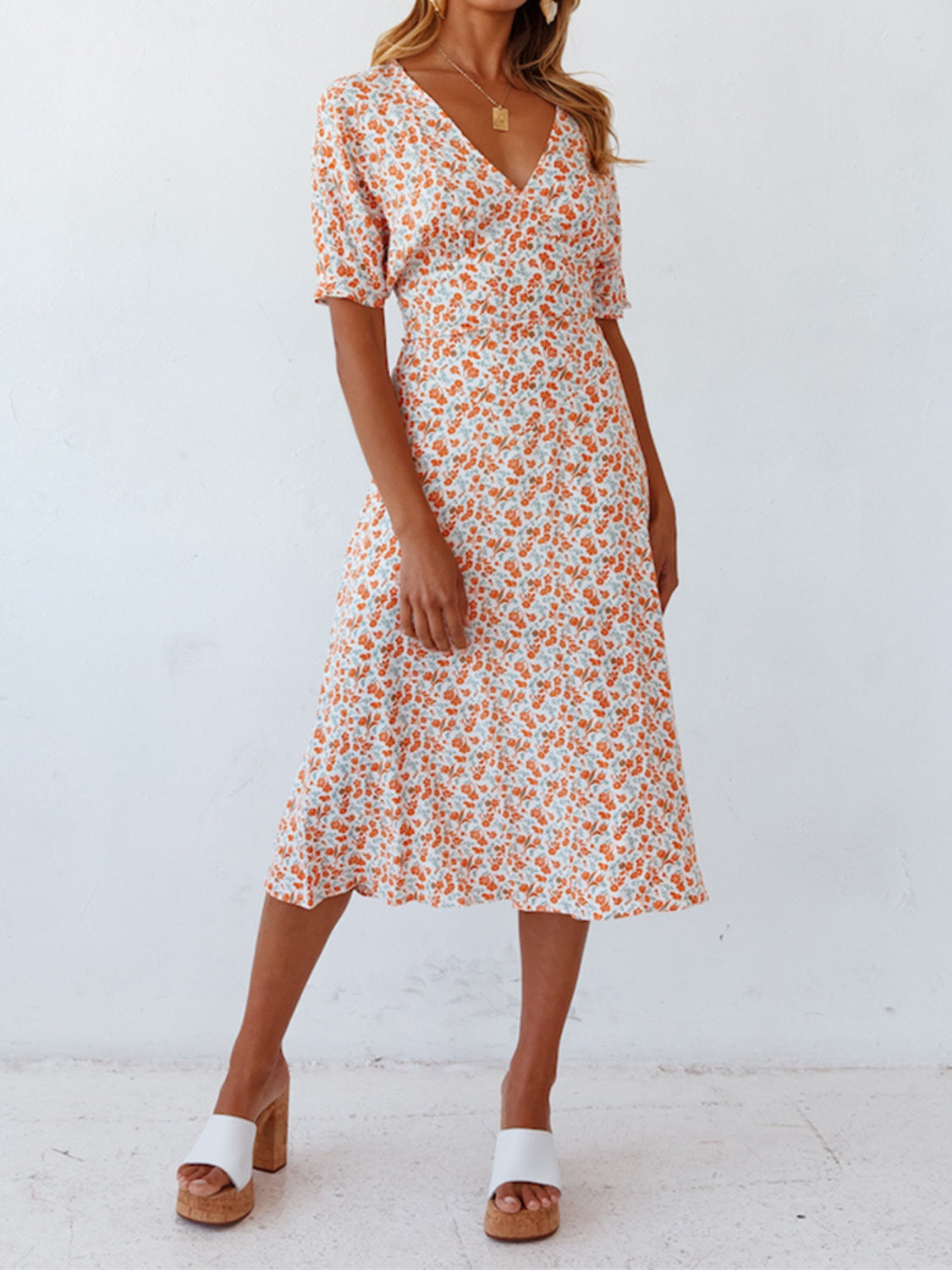 Ditsy Floral V-Neck Short Sleeve Midi Dress - Elegant Aura Boutique