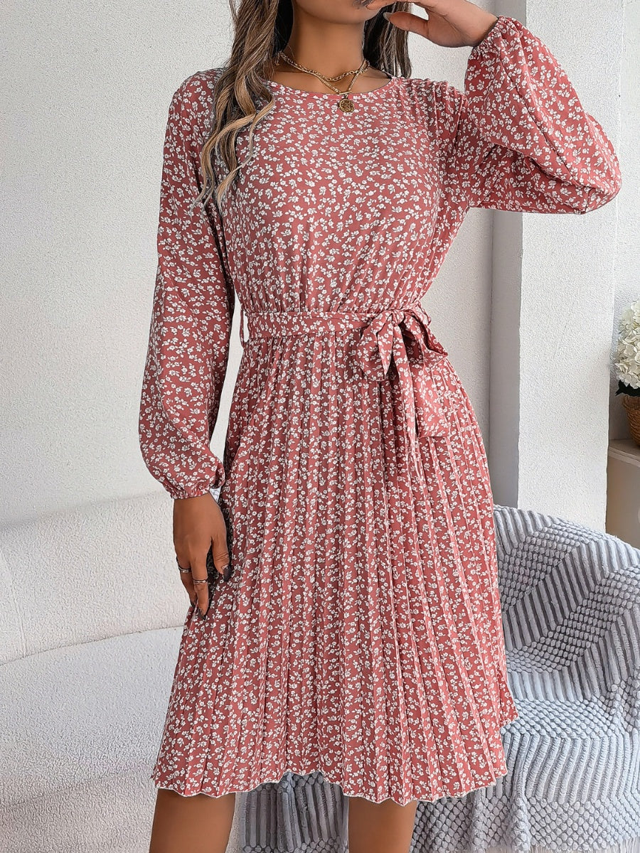 Floral Tie Waist Pleated Dress