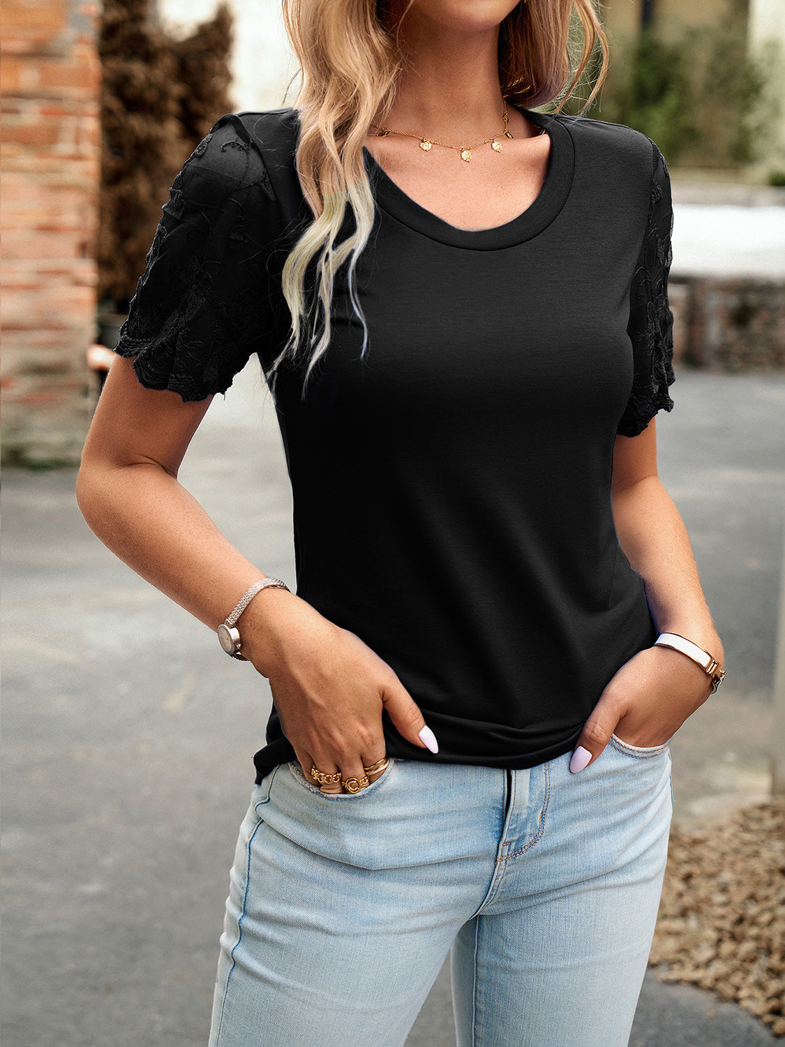 Elegant Lace Round Neck T-Shirt