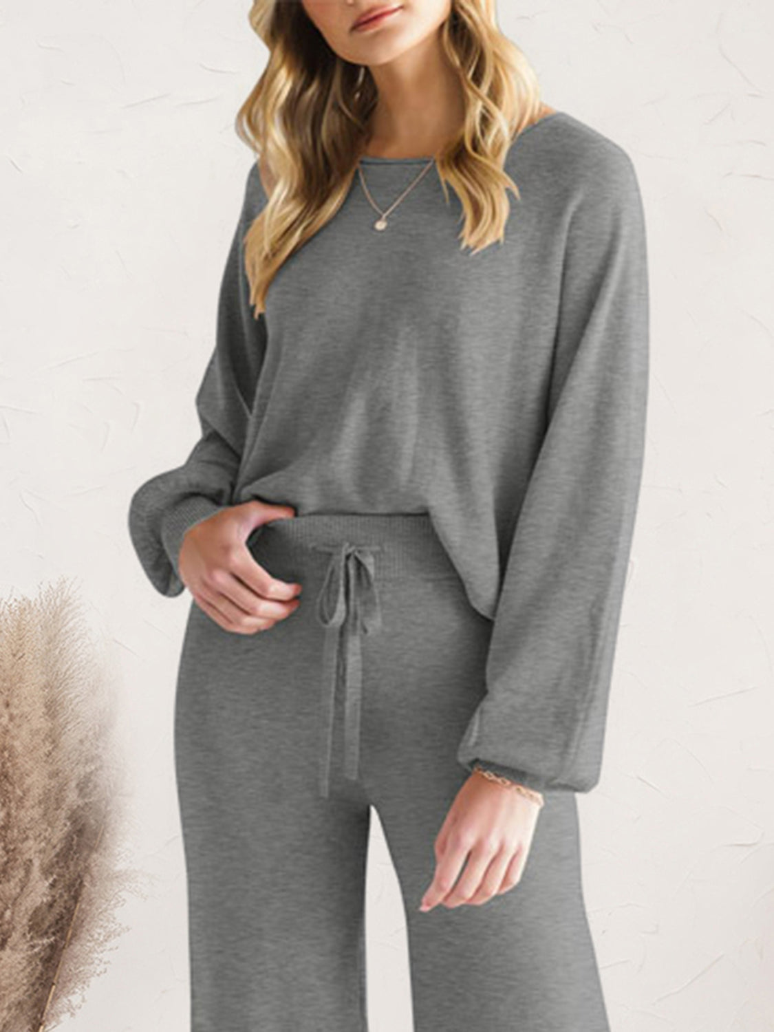 Long Sleeve Lounge Top with Drawstring Pants Set