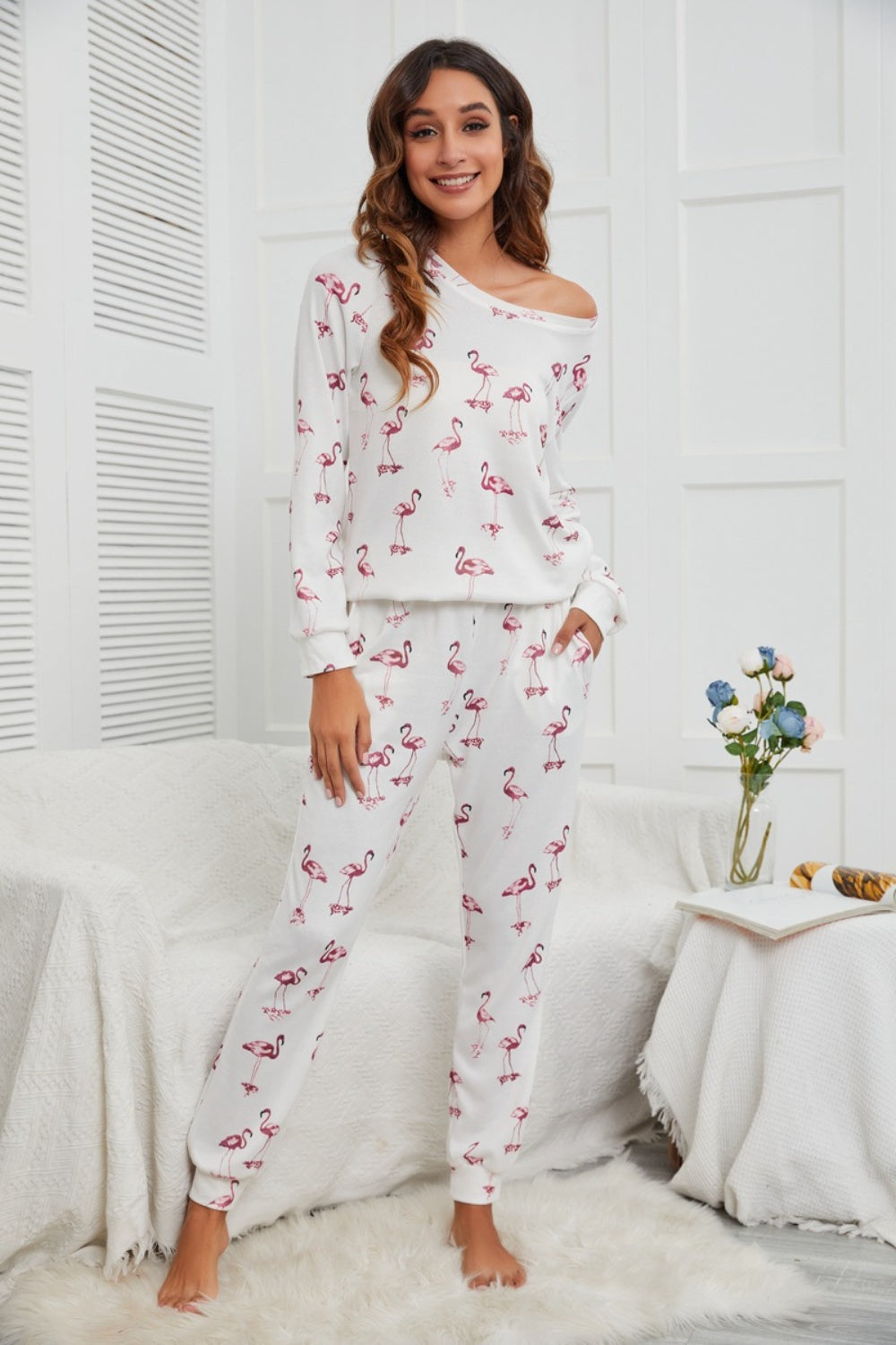 Flamingo Long Sleeve Top and Pants Lounge Set - Elegant Aura Boutique