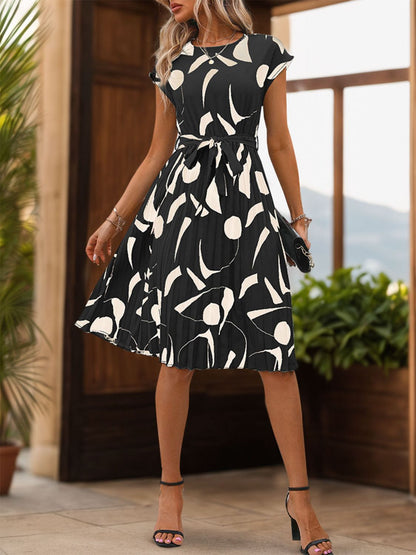 Pleated Printed Cap Sleeve Dress