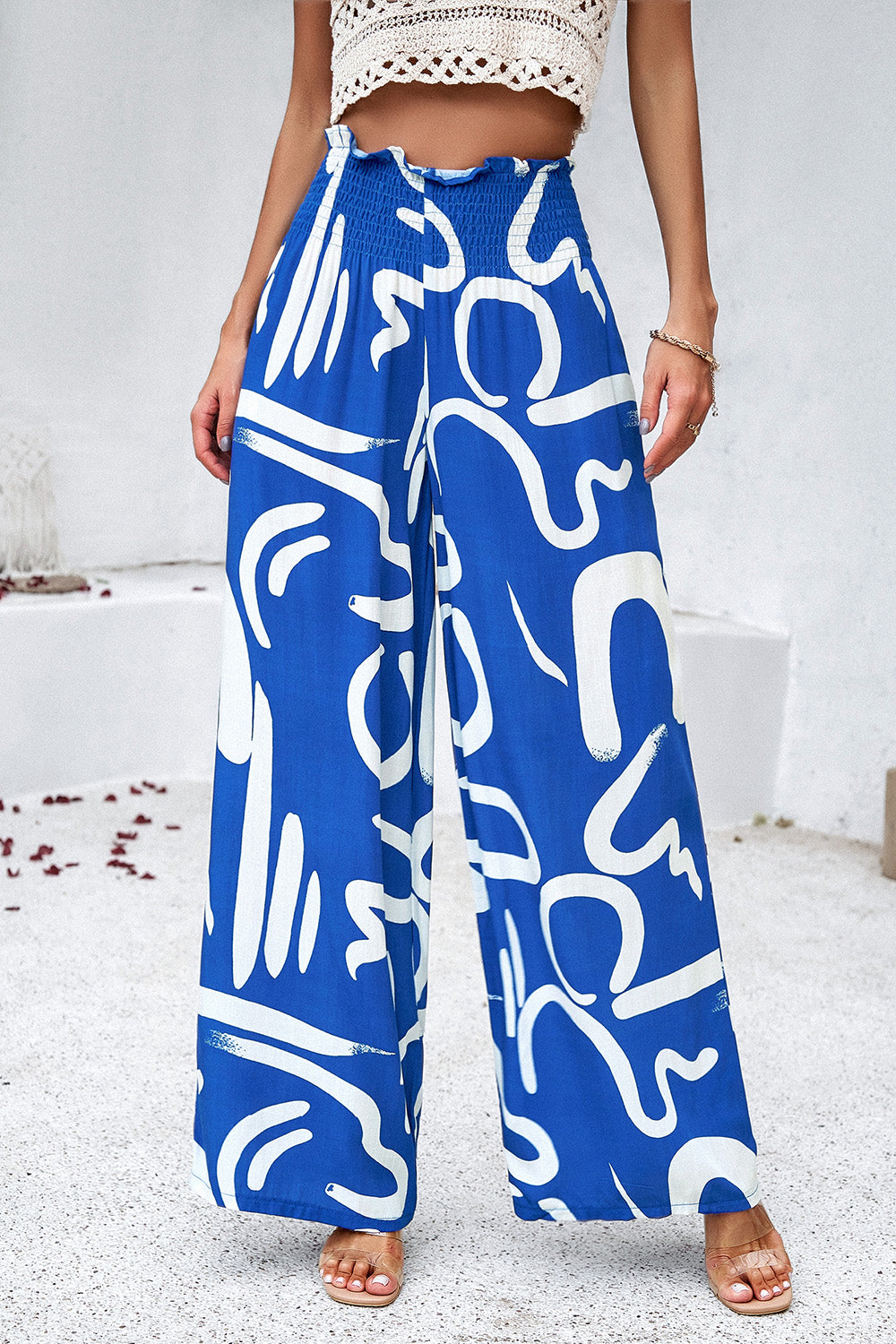 Asymetrical Printed Wide Leg Pants with Pockets - Elegant Aura Boutique