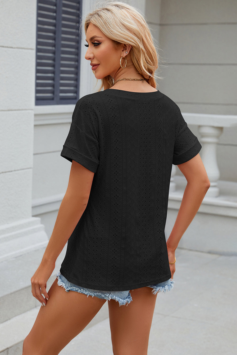 Eyelet V-Neck Short Sleeve Blouse