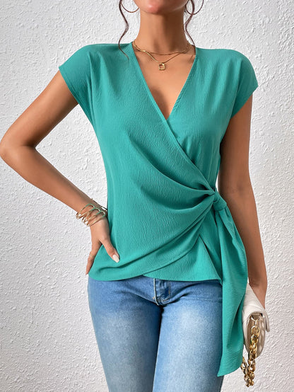 Tied Surplice Short Sleeve Blouse