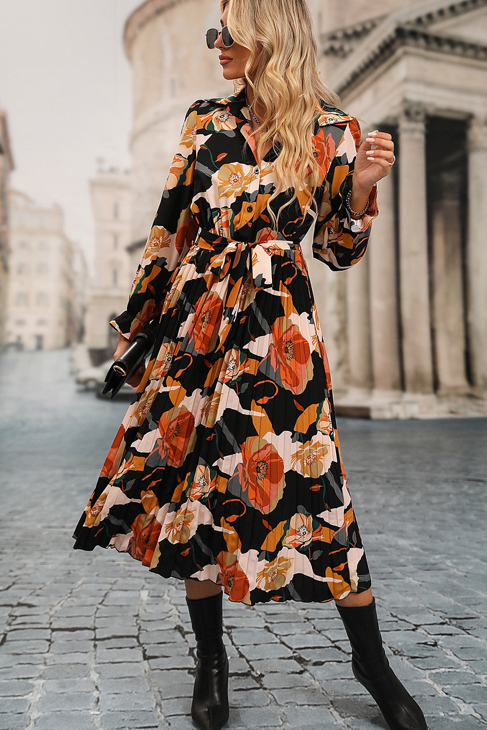 Printed Tie-Waist Pleated Dress