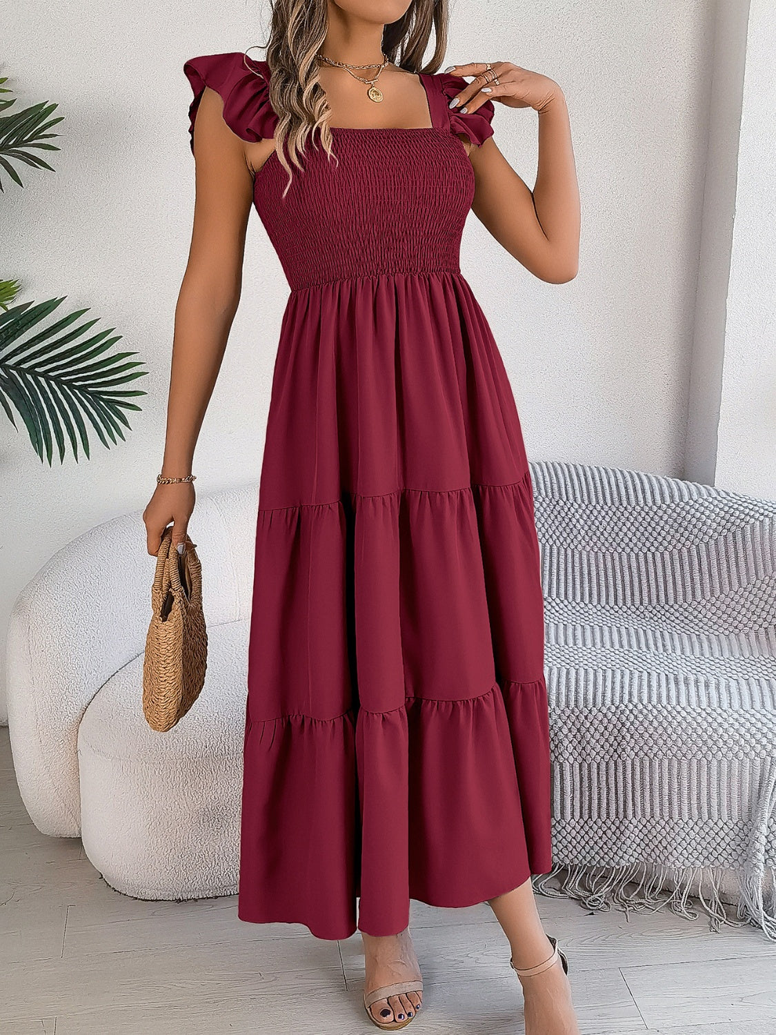 Smocked Square Neck Cap Sleeve Midi Dress - Elegant Aura Boutique