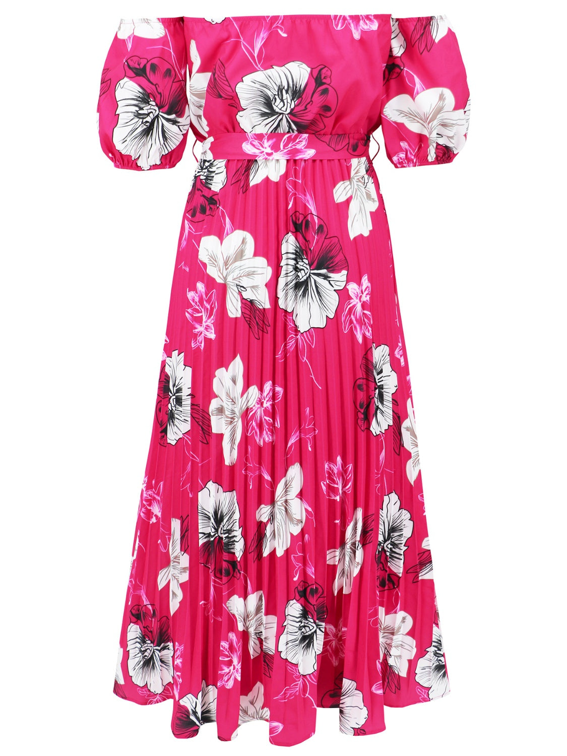 Pleated Floral Off-Shoulder Short Sleeve Midi Dress - Elegant Aura Boutique