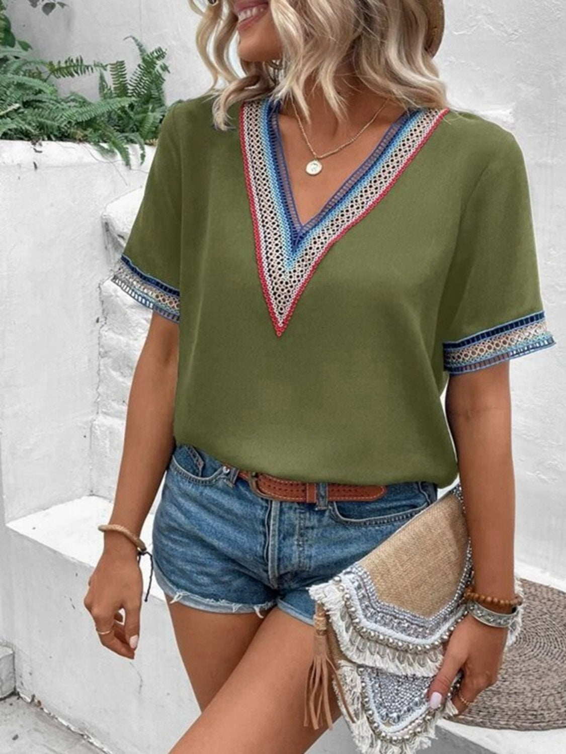 V-Neck Short Sleeve Relaxed Blouse