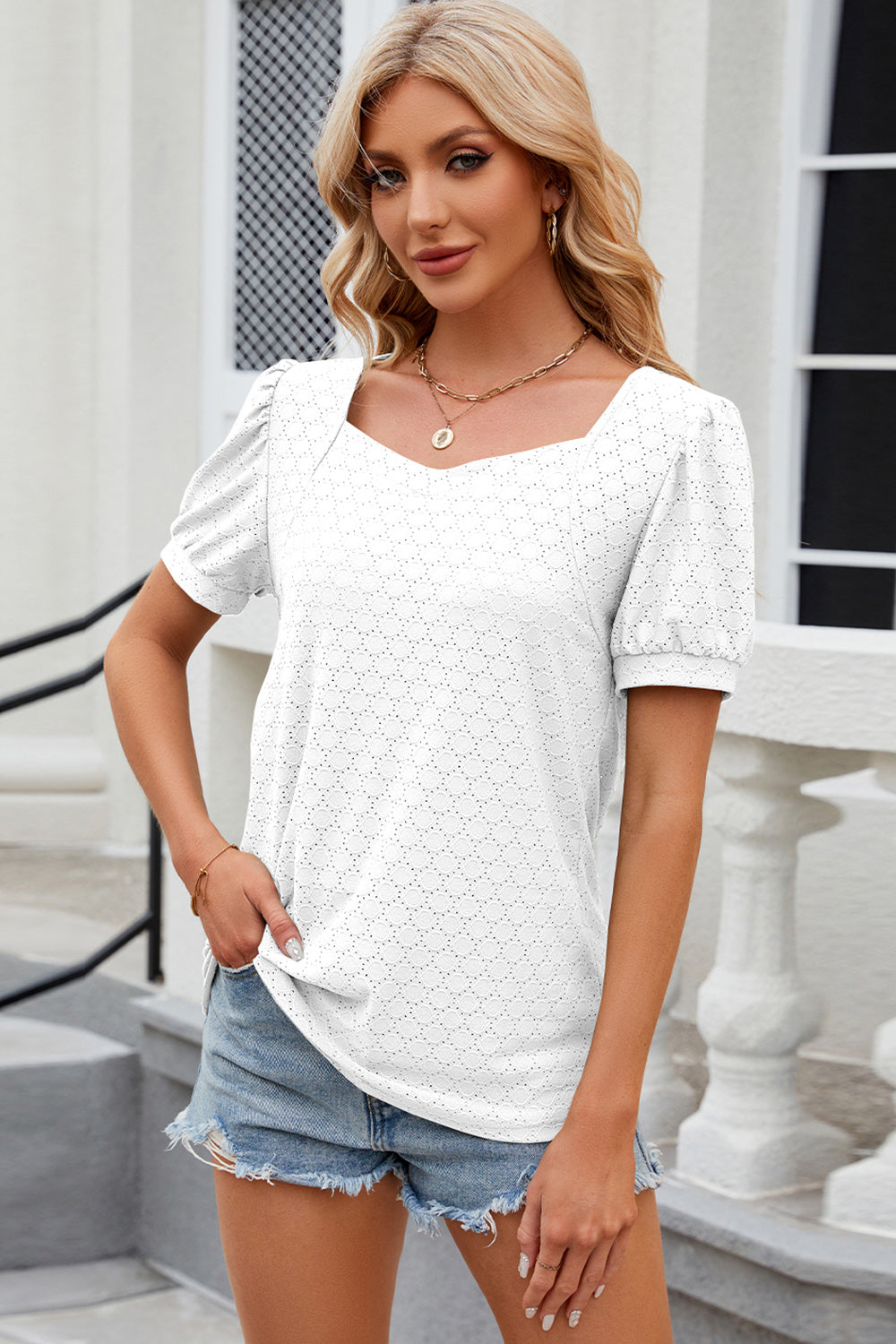 Eyelet Short Sleeve Blouse