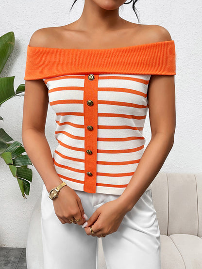 Decorative Striped Off-Shoulder Knit Top