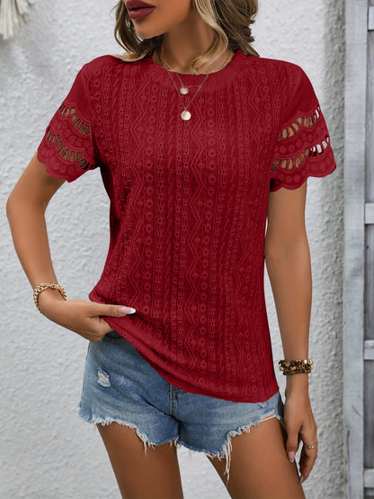 Stylish Eyelet Round Neck Top