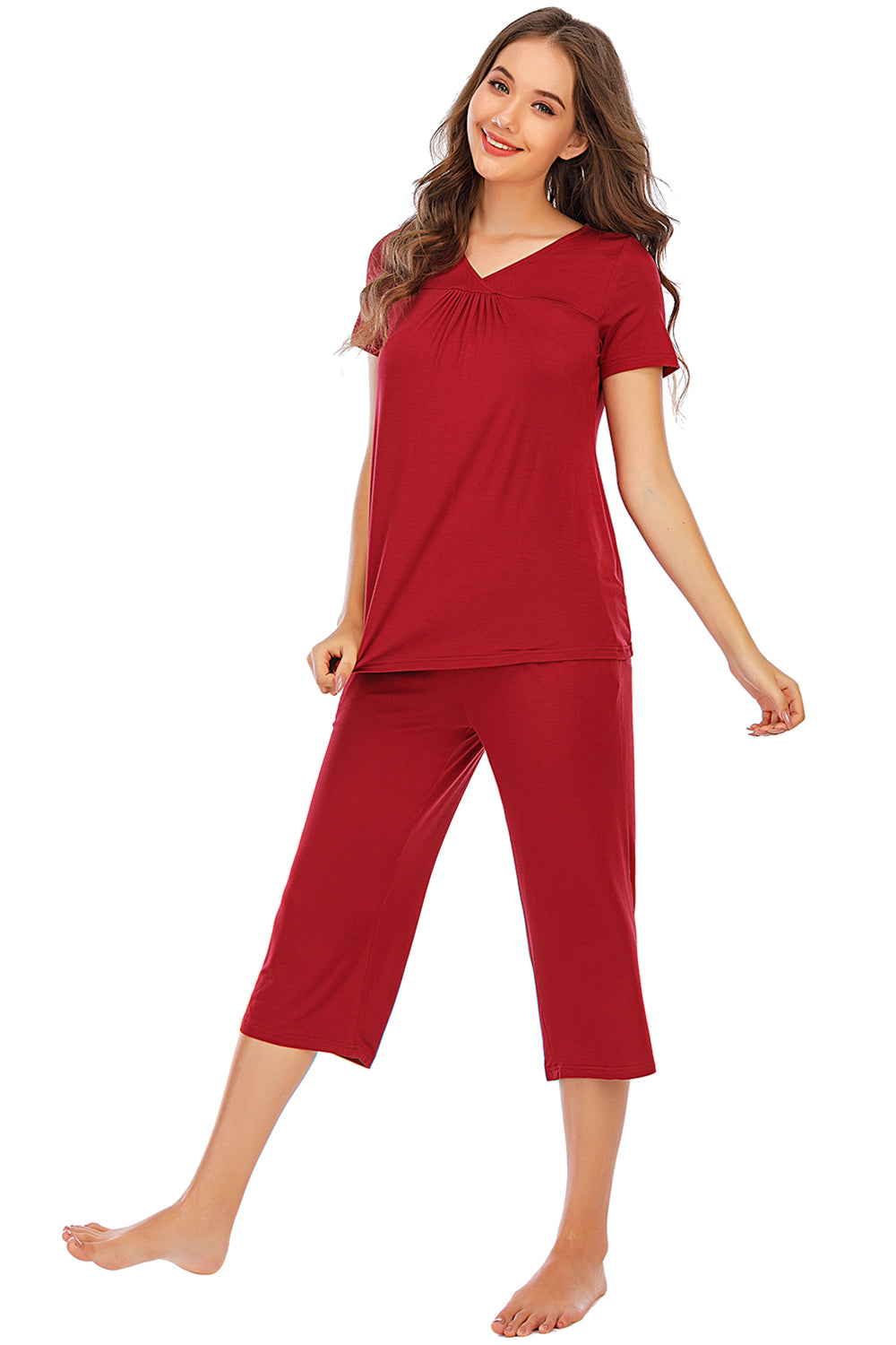 V-Neck Short Sleeve Top and Pants Lounge Set - Elegant Aura Boutique