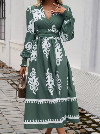 Printed Lantern Sleeve Midi Dress