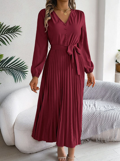 Pleated V-Neck Long Sleeve Dress