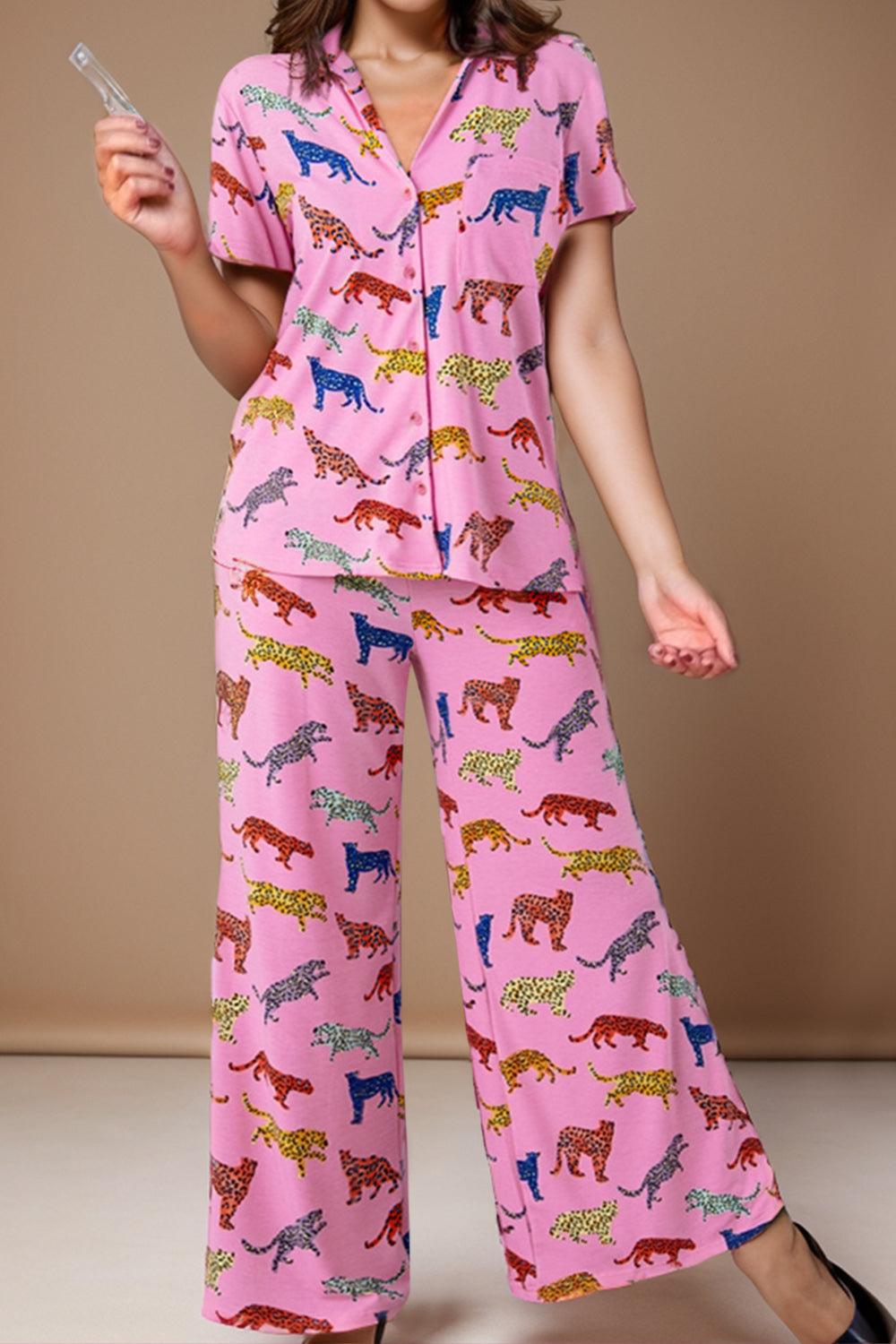 Animal Button Up Top and Pants Lounge Set - Elegant Aura Boutique