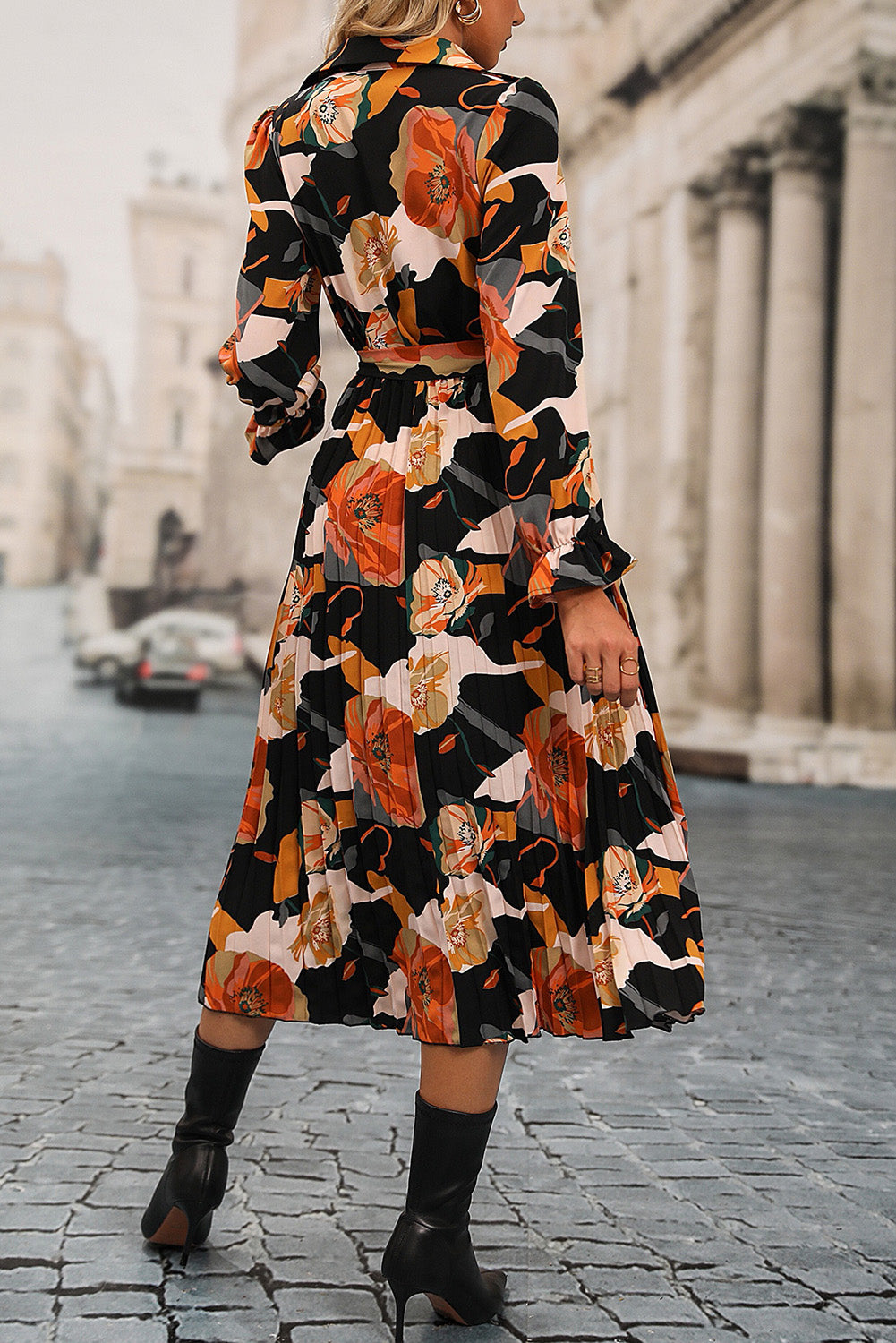 Printed Tie-Waist Pleated Dress