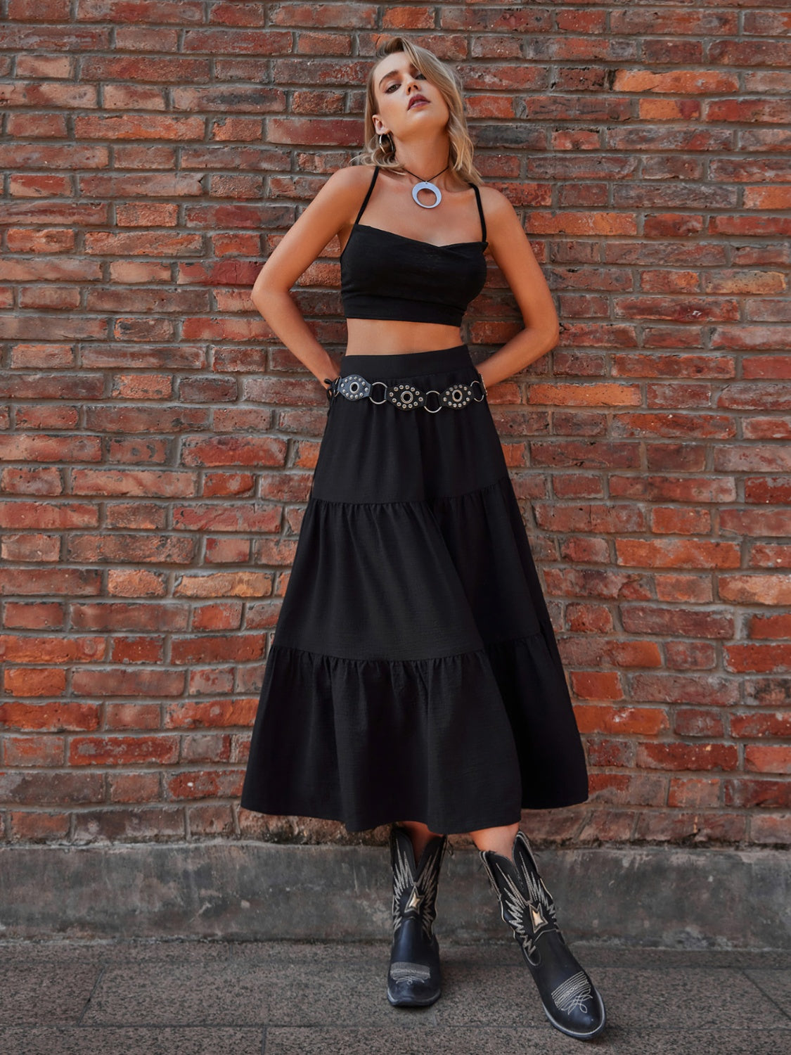 Elastic Waist Tiered Midi Skirt - Elegant Aura Boutique