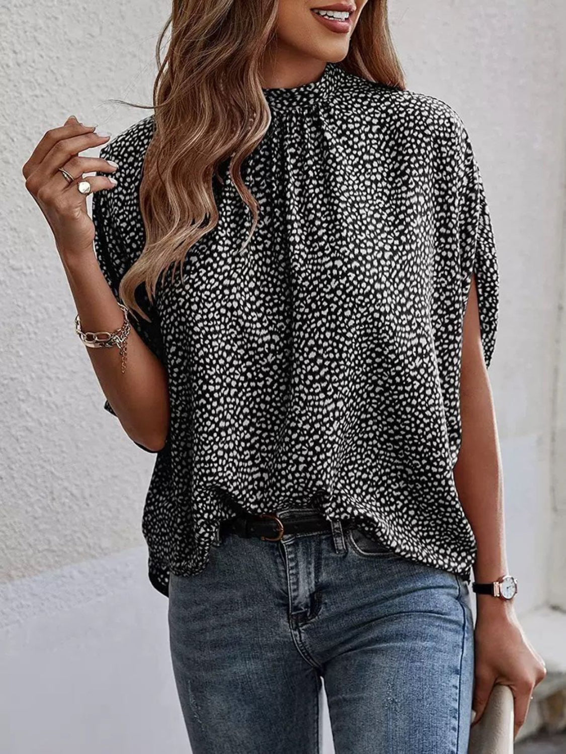 Tied Printed Mock Neck Blouse